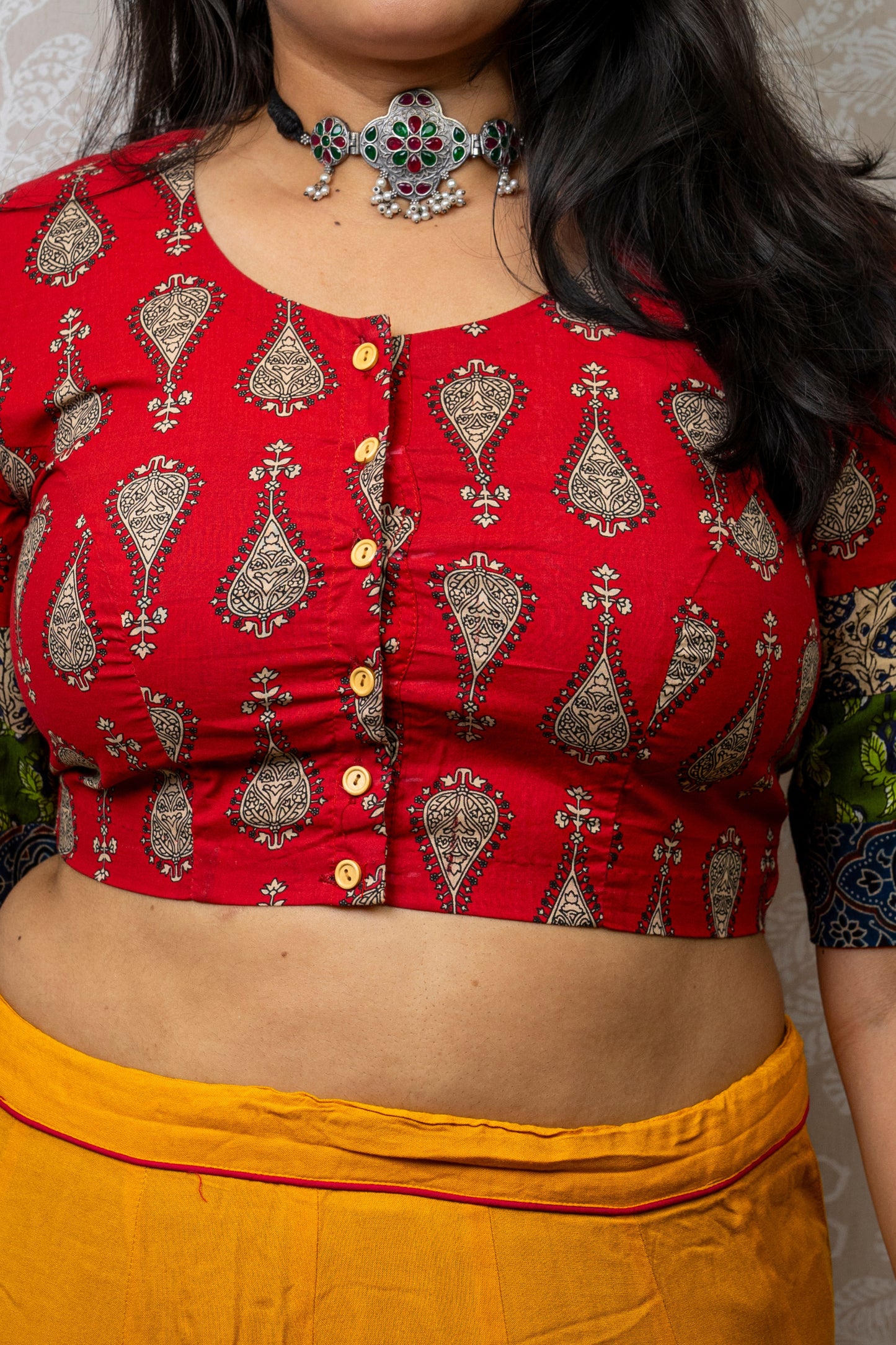 RED IN MULTICOLOUR SLEEVES BLOCK PRINTED COTTON BLOUSE