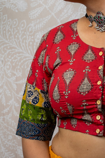 RED IN MULTICOLOUR SLEEVES BLOCK PRINTED COTTON BLOUSE