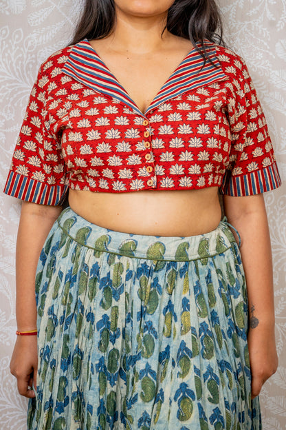 RED & WHITE LOTUS FLOWER BLOCK PRINTED COTTON BLOUSE