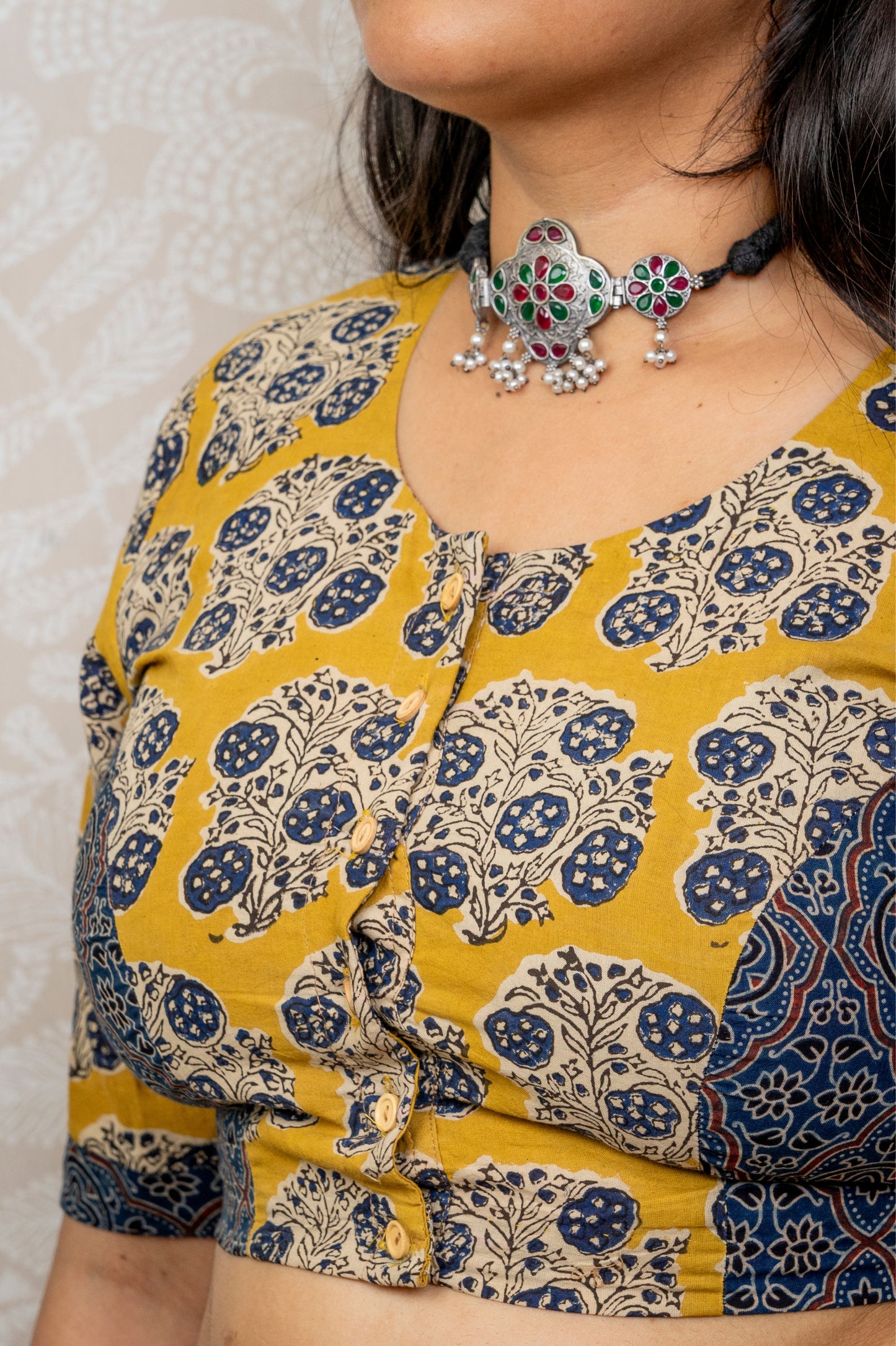 YELLOW-INDIGO AJRAKH BLOCK PRINTED COTTON BLOUSE