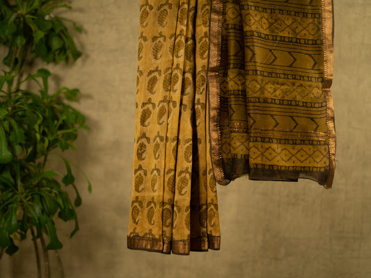 GOLDEN YELLOW 'VANASPATI' BLOCK PRINT MAHESHWARI SILK COTTON SARI