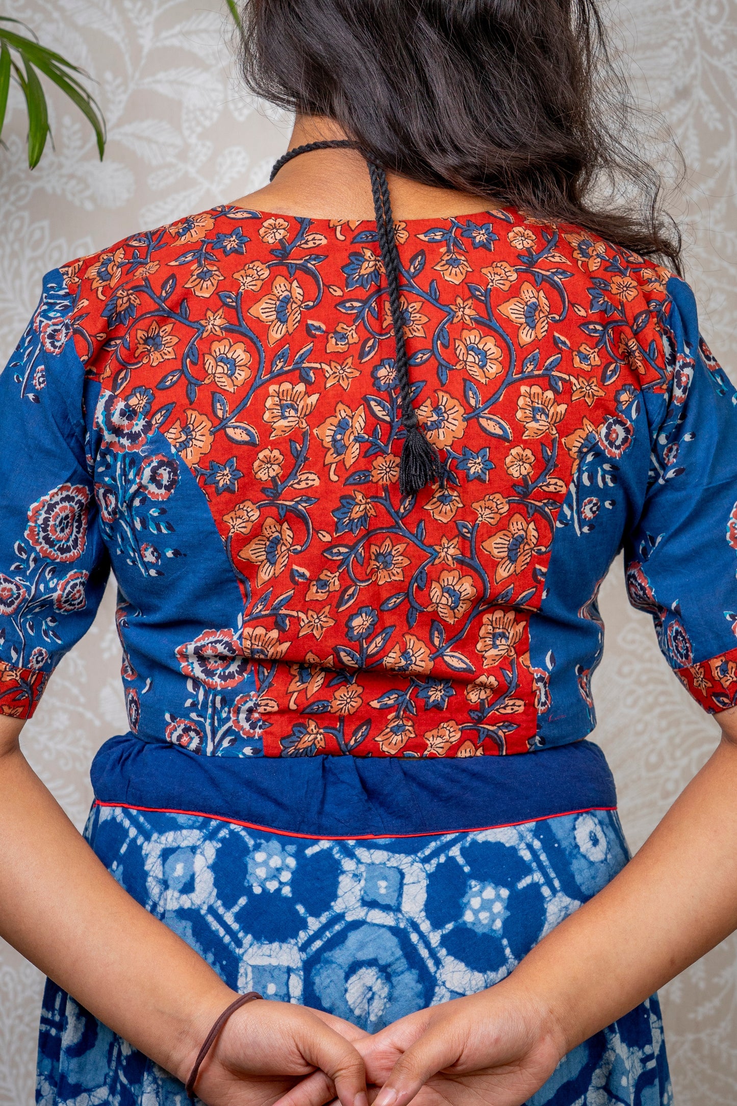 BLUE & RED BLOCK PRINTED COTTON BLOUSE