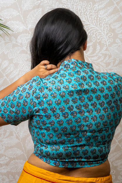 BLUE PAISLEY BLOCK PRINTED COTTON BLOUSE