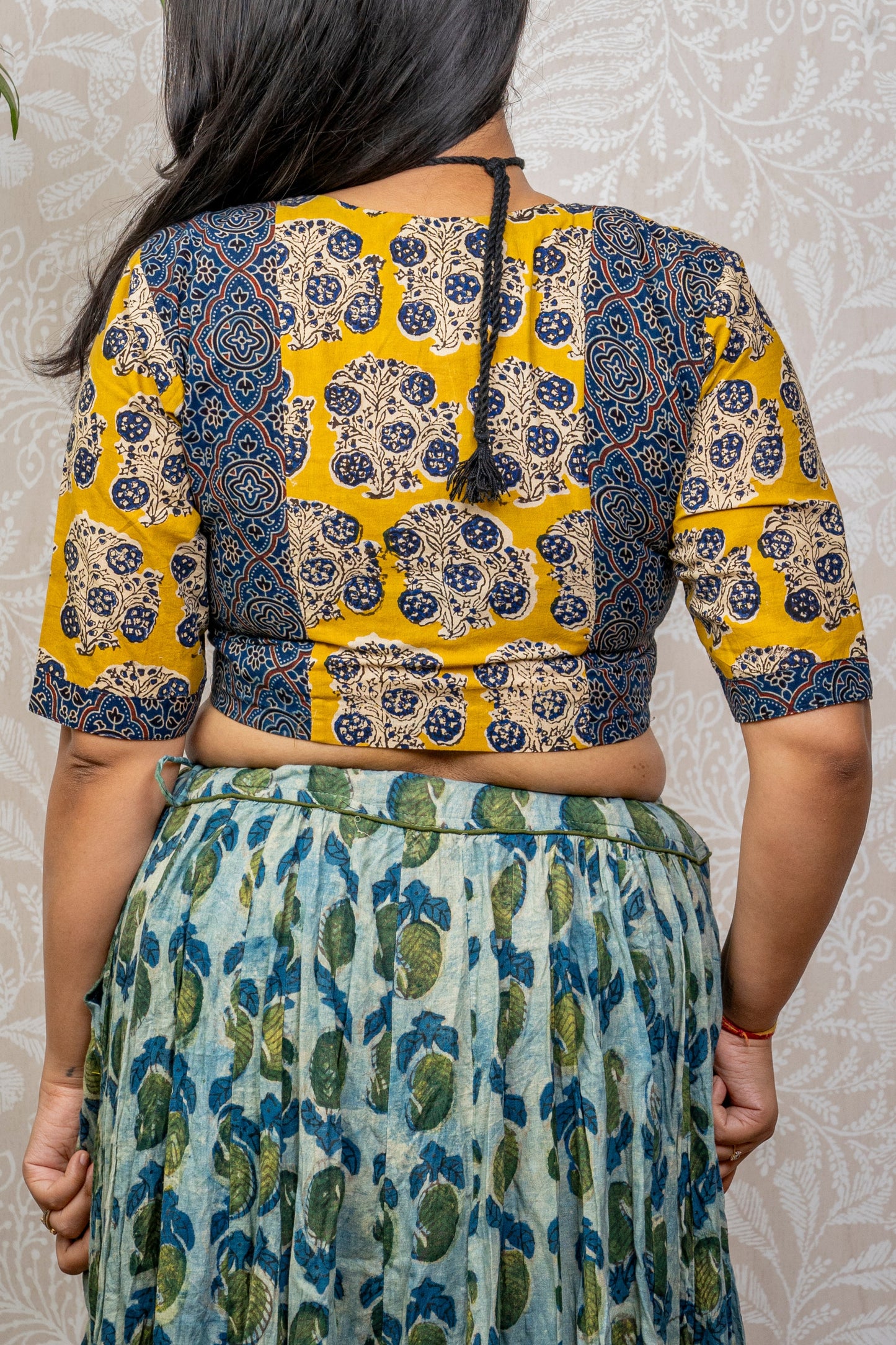 YELLOW-INDIGO AJRAKH BLOCK PRINTED COTTON BLOUSE