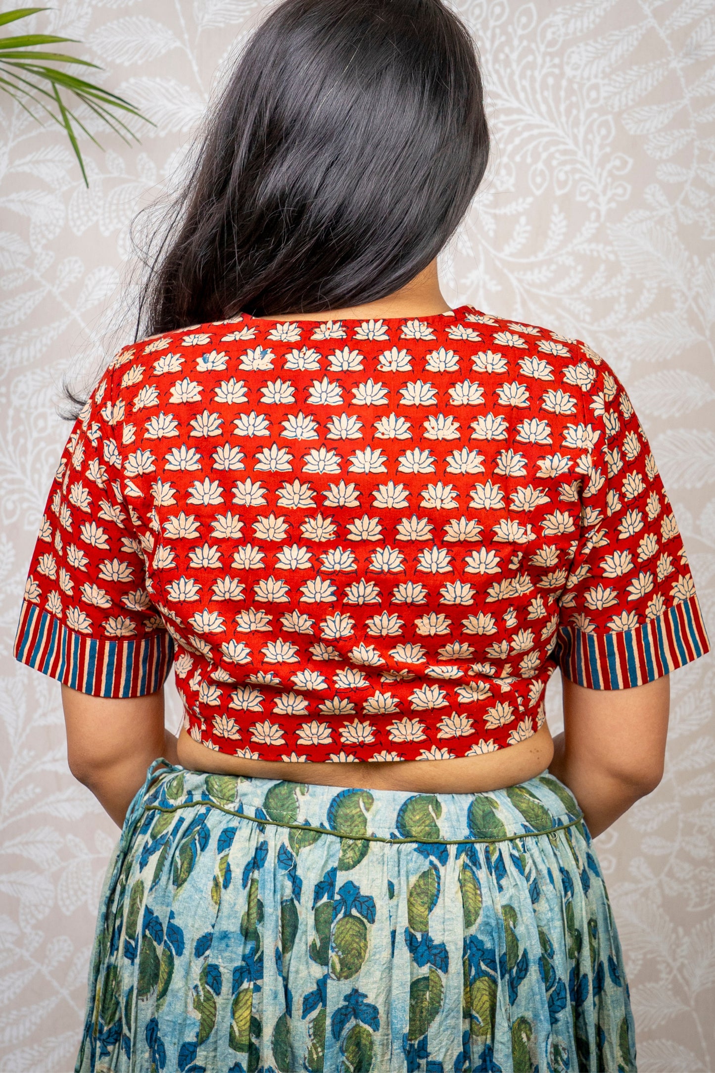 RED & WHITE LOTUS FLOWER BLOCK PRINTED COTTON BLOUSE