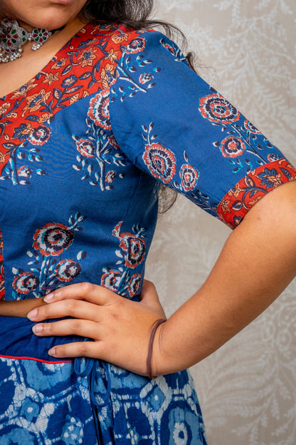 BLUE & RED BLOCK PRINTED COTTON BLOUSE