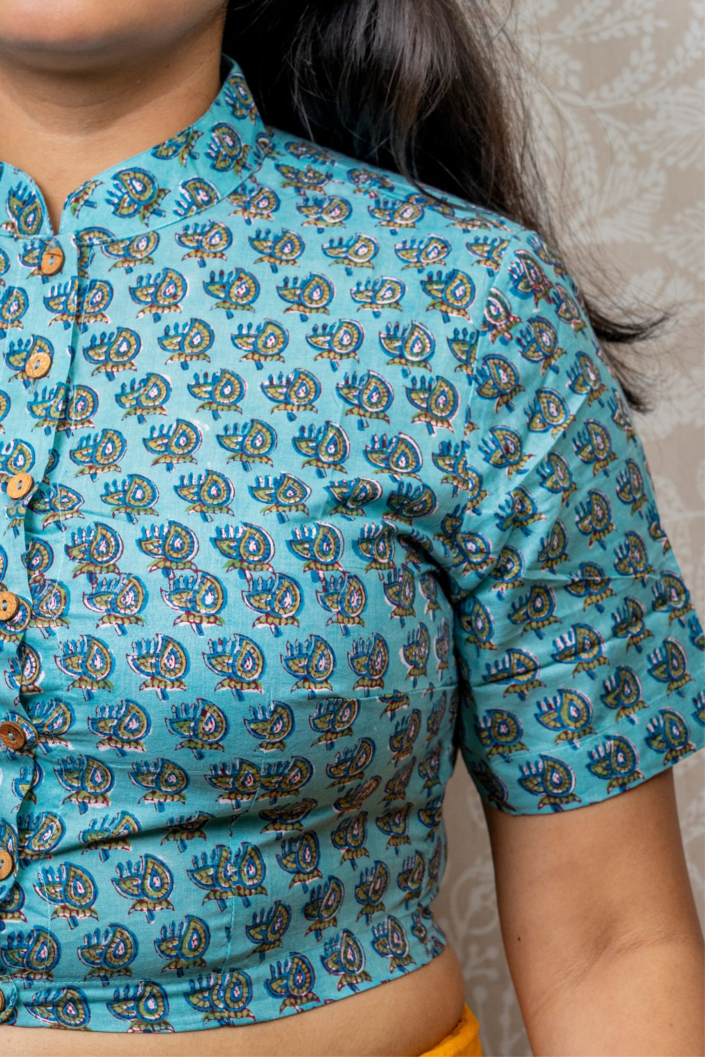 BLUE PAISLEY BLOCK PRINTED COTTON BLOUSE