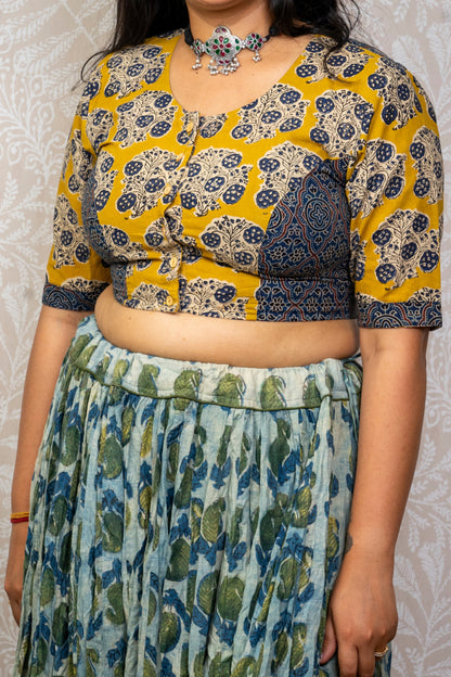 YELLOW-INDIGO AJRAKH BLOCK PRINTED COTTON BLOUSE