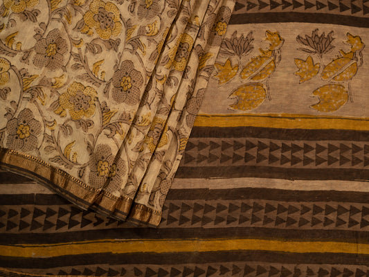 CREAMISH BROWN  'VANASPATI' BLOCK PRINT MAHESHWARI SILK COTTON SARI