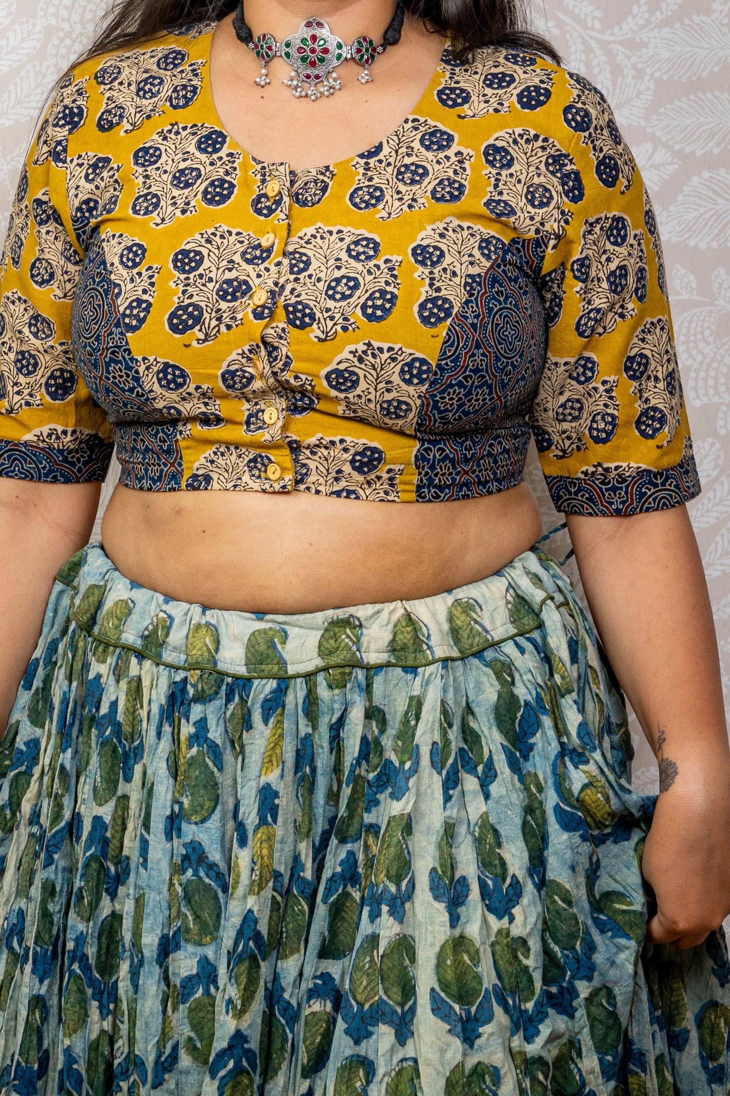 YELLOW-INDIGO AJRAKH BLOCK PRINTED COTTON BLOUSE