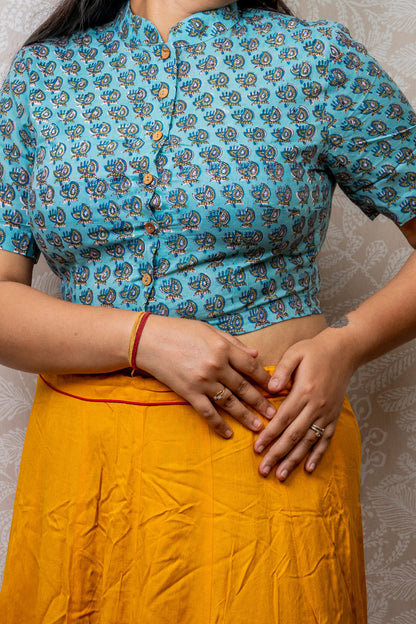 BLUE PAISLEY BLOCK PRINTED COTTON BLOUSE