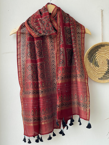 AJRAKH COTTON SILK KANTHA STOLE