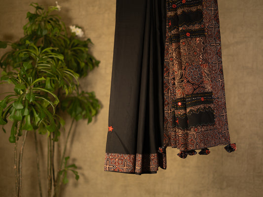 BLACK KALAMKARI PATCH WORK COTTON SARI