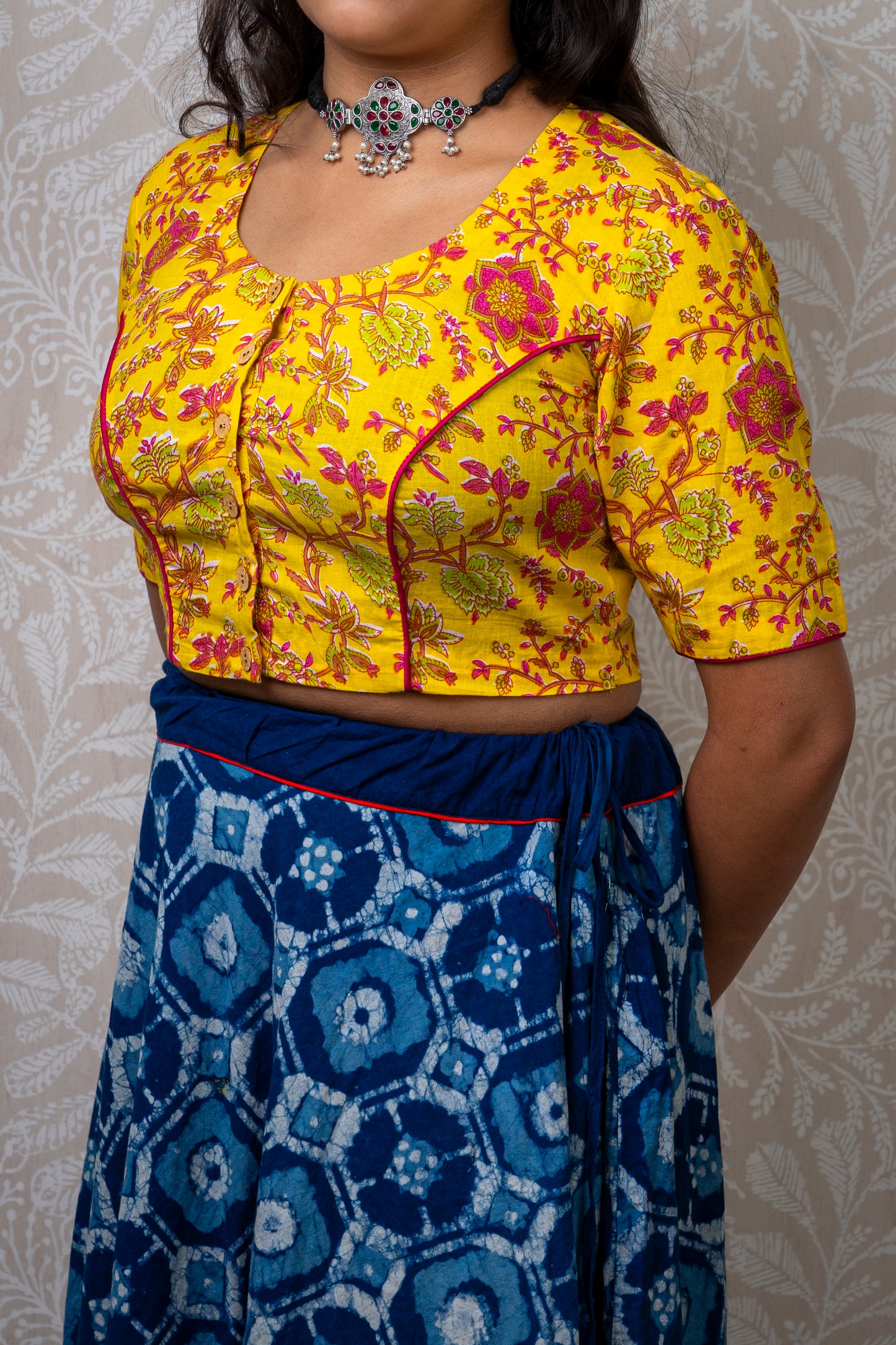 YELLOW & PINK BLOCK PRINTED COTTON BLOUSE