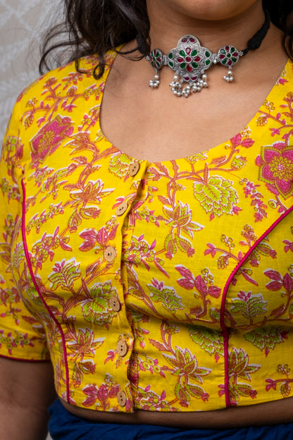 YELLOW & PINK BLOCK PRINTED COTTON BLOUSE