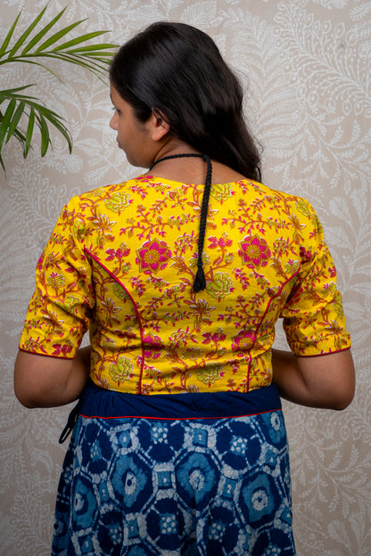 YELLOW & PINK BLOCK PRINTED COTTON BLOUSE