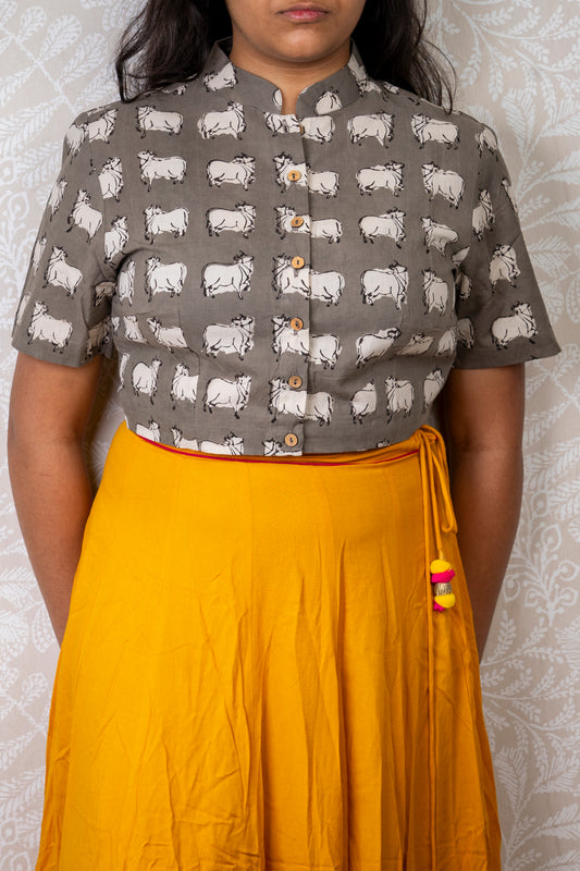 GREY & WHITE COW BLOCK PRINTED COTTON BLOUSE