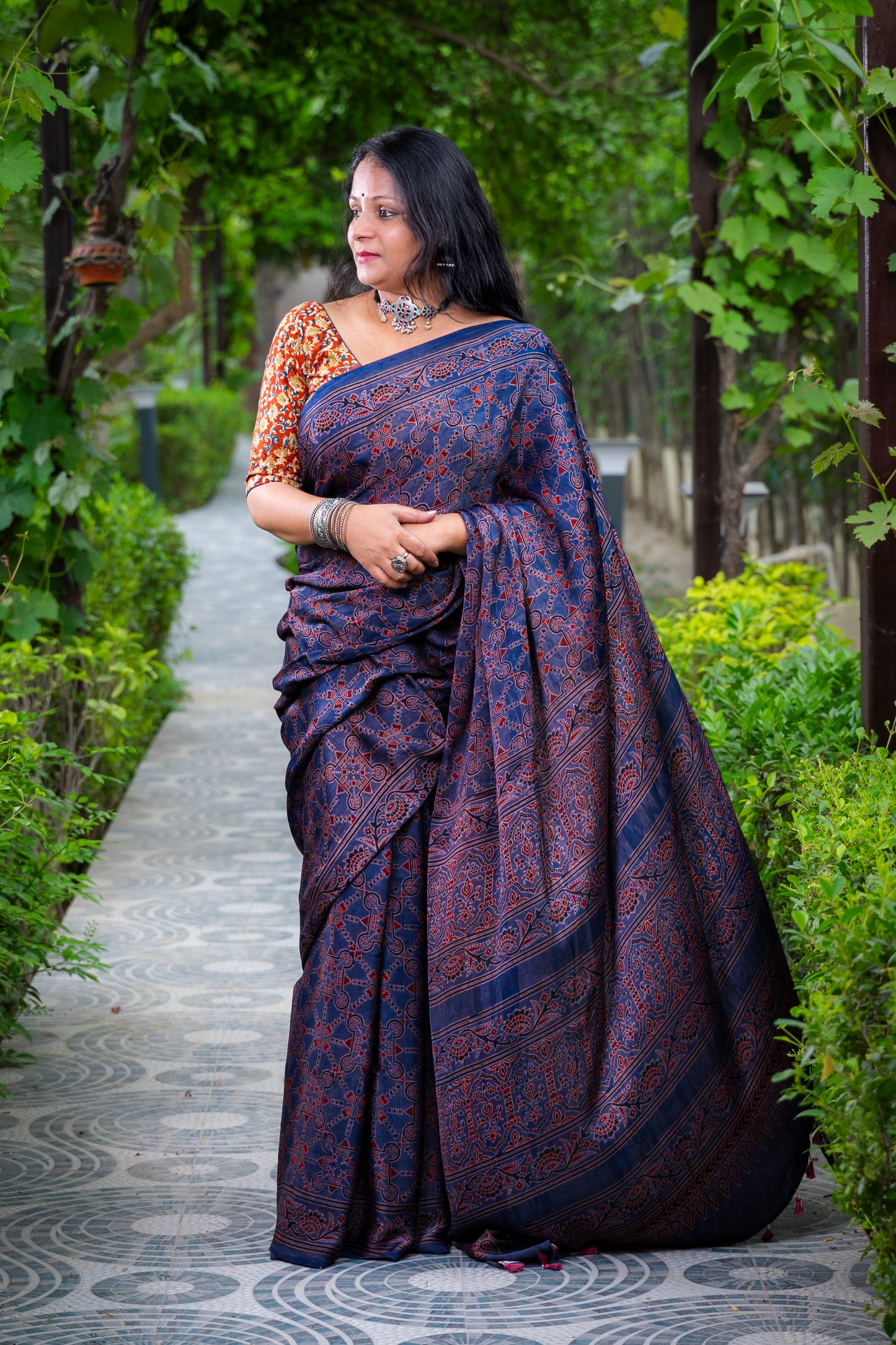 INDIGO AJRAKH BLOCK PRINT MODAL SILK SARI