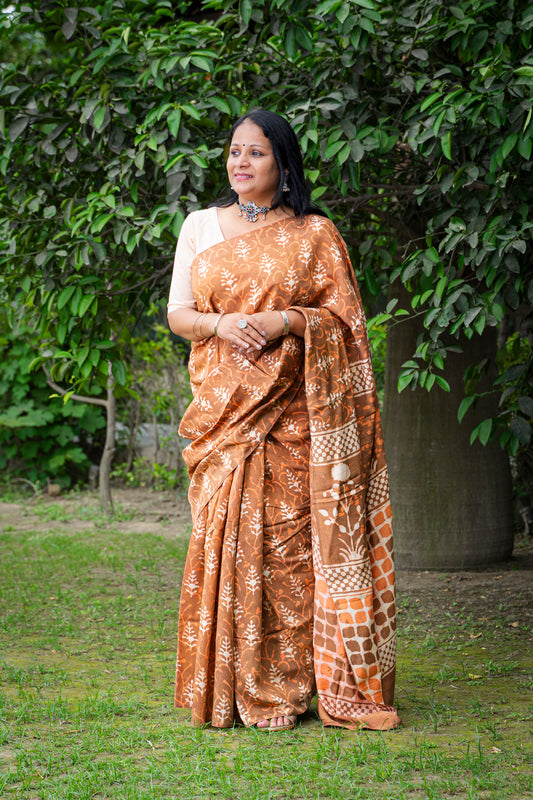 ORANGISH MUSTARD BLOCK PRINT COTTON SARI