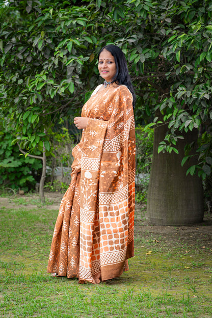 ORANGISH MUSTARD BLOCK PRINT COTTON SARI