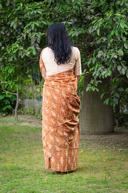 ORANGISH MUSTARD BLOCK PRINT COTTON SARI