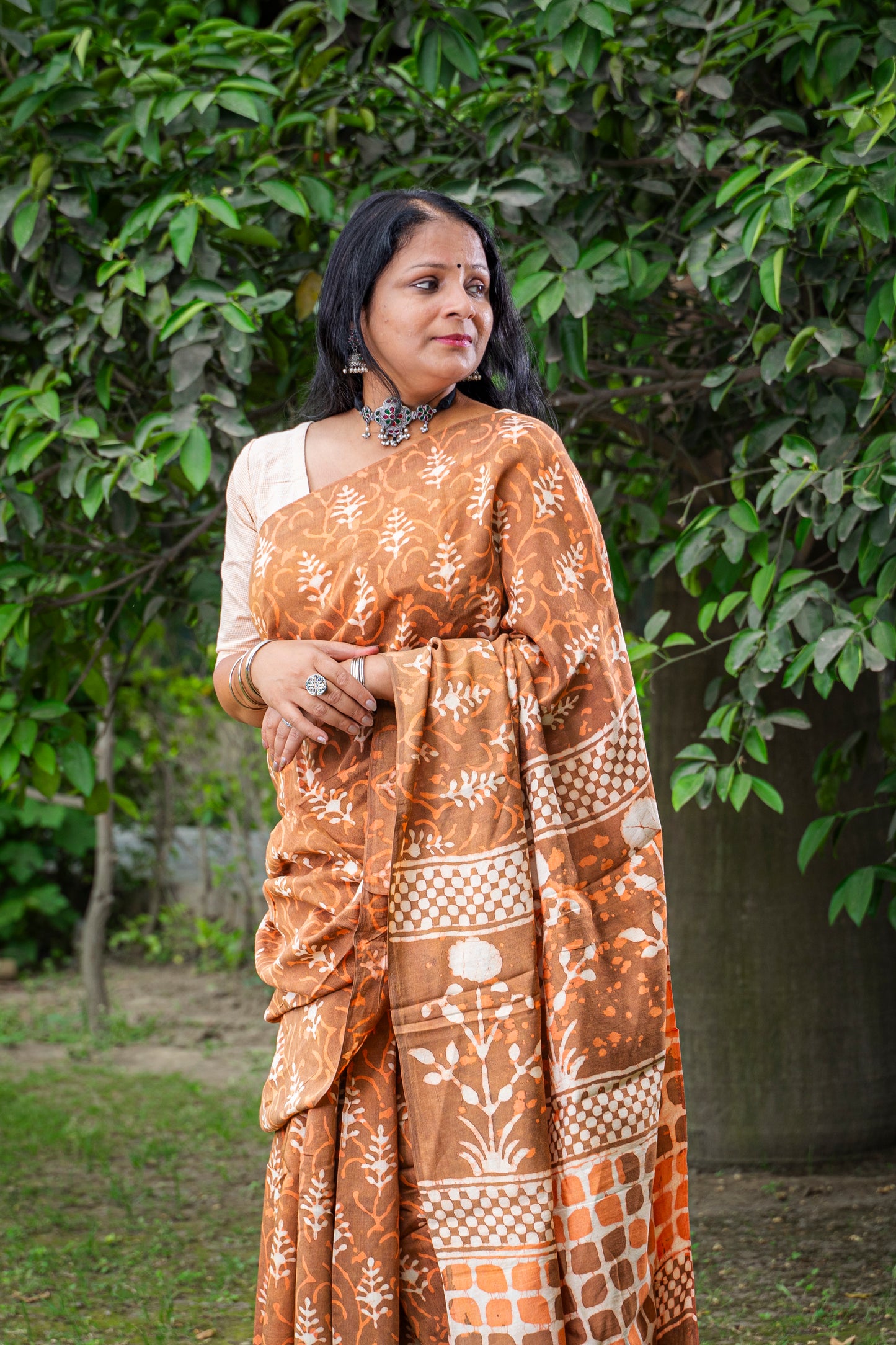 ORANGISH MUSTARD BLOCK PRINT COTTON SARI