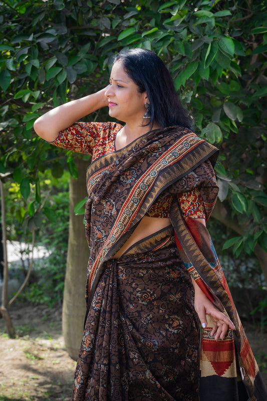 BLACK BROWN AJRAKH BLOCK PRINT SARI