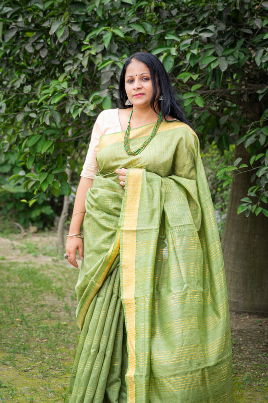 PASTEL GREEN WITH GOLDEN ZARI COTTON SILK SARI