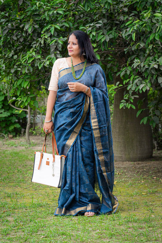 ASHY BLUE WITH GOLDEN ZARI SARI