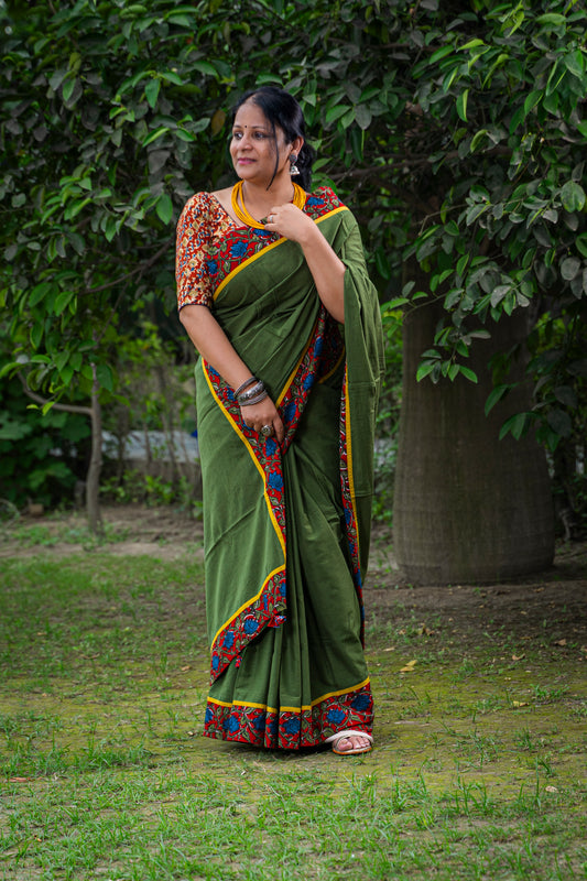 GREEN WITH KALAMKARI BORDER COTTON SARI