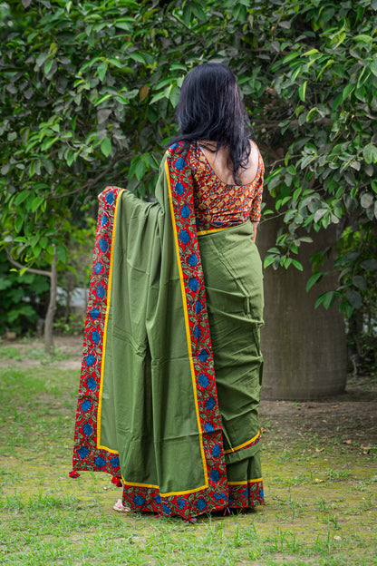 GREEN WITH KALAMKARI BORDER COTTON SARI