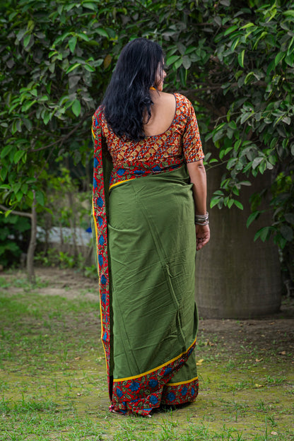 GREEN WITH KALAMKARI BORDER COTTON SARI