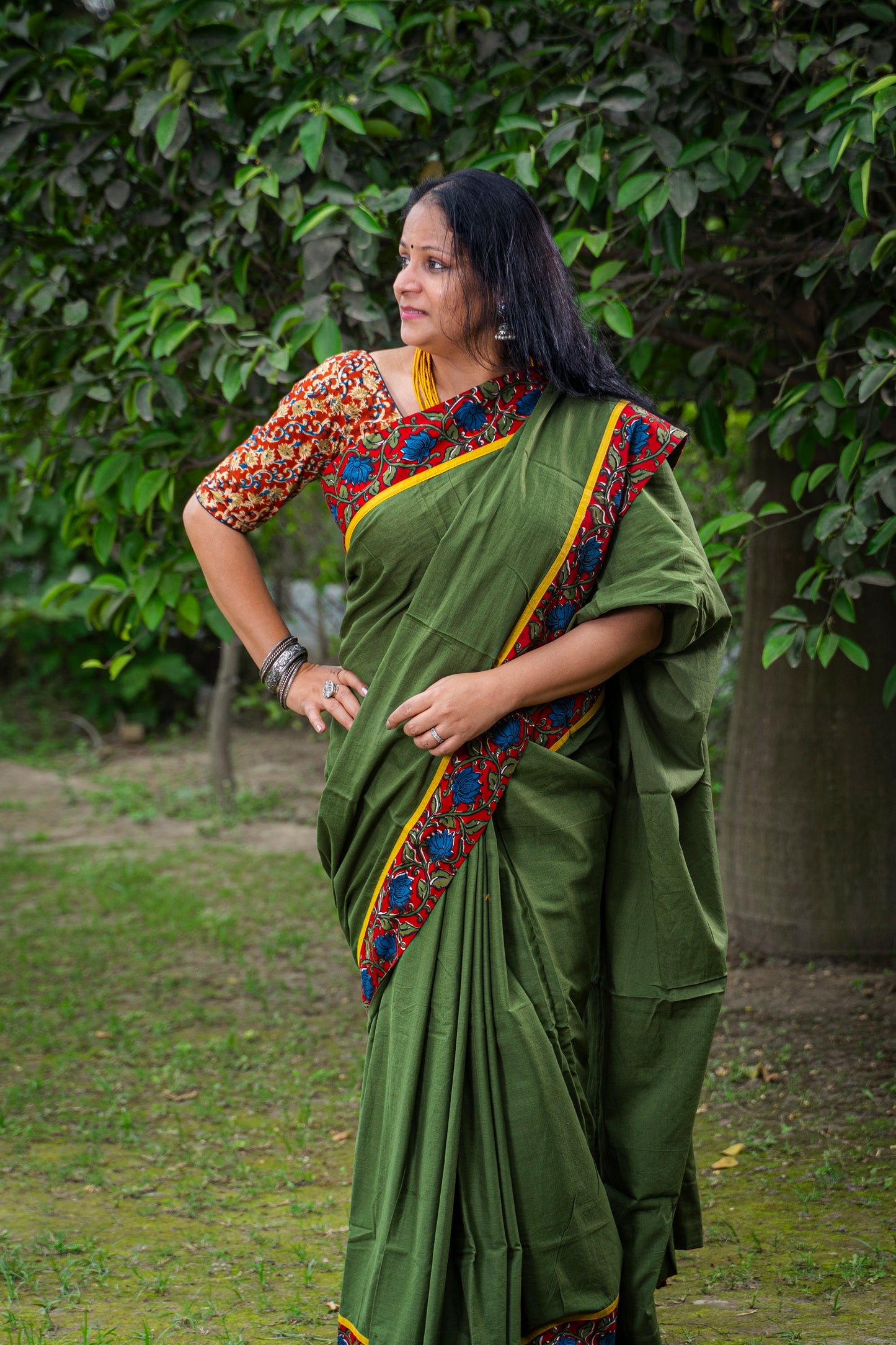 GREEN WITH KALAMKARI BORDER COTTON SARI