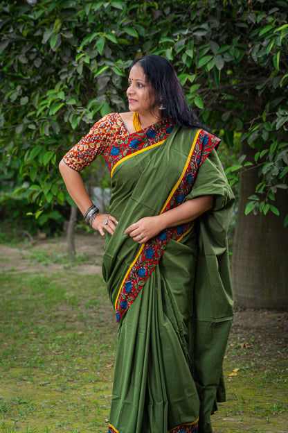 GREEN WITH KALAMKARI BORDER COTTON SARI