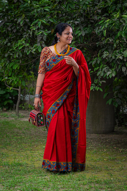 RED WITH KALAMKARI BORDER COTTON SARI