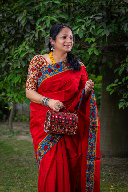 RED WITH KALAMKARI BORDER COTTON SARI