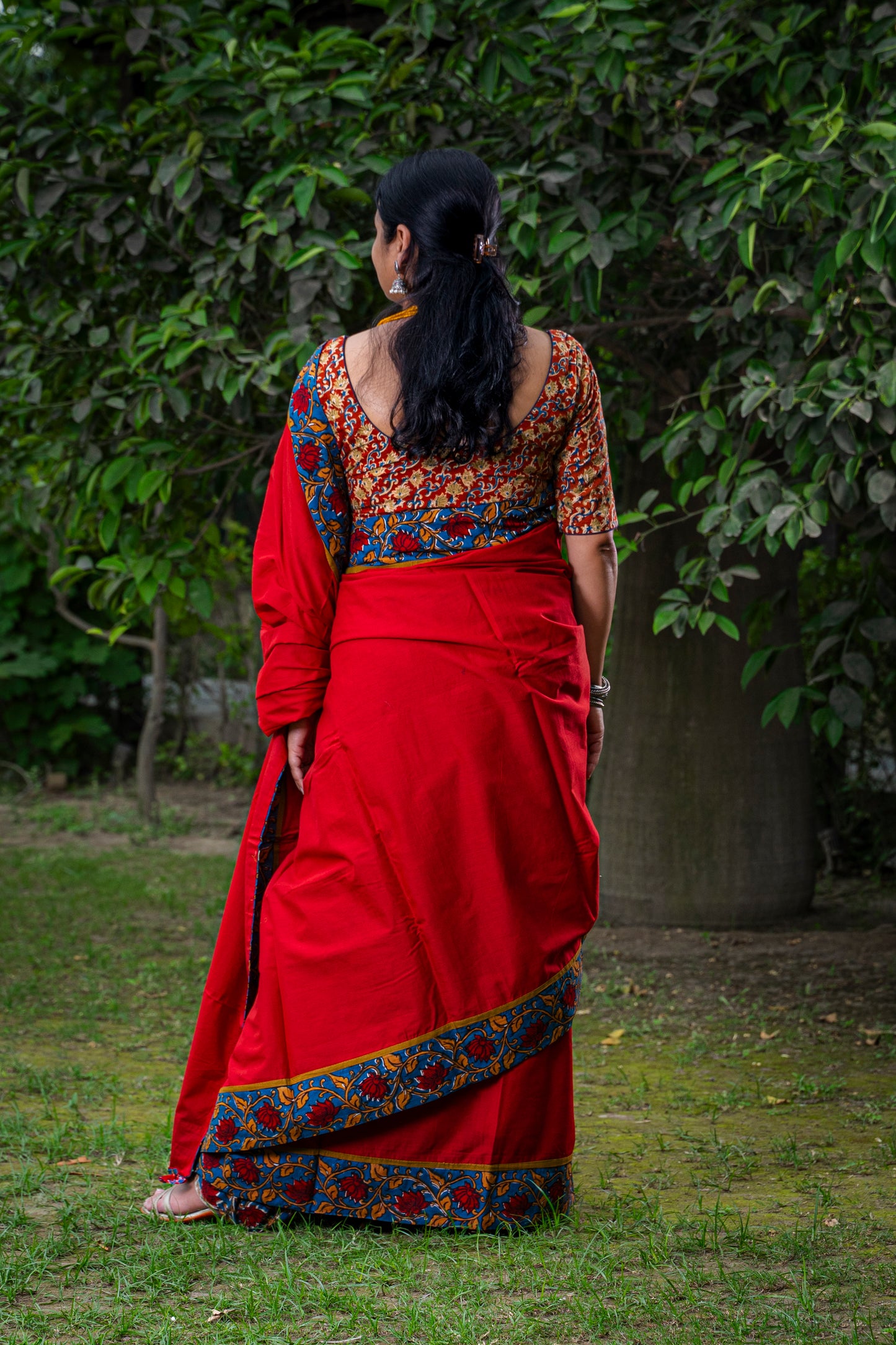 RED WITH KALAMKARI BORDER COTTON SARI