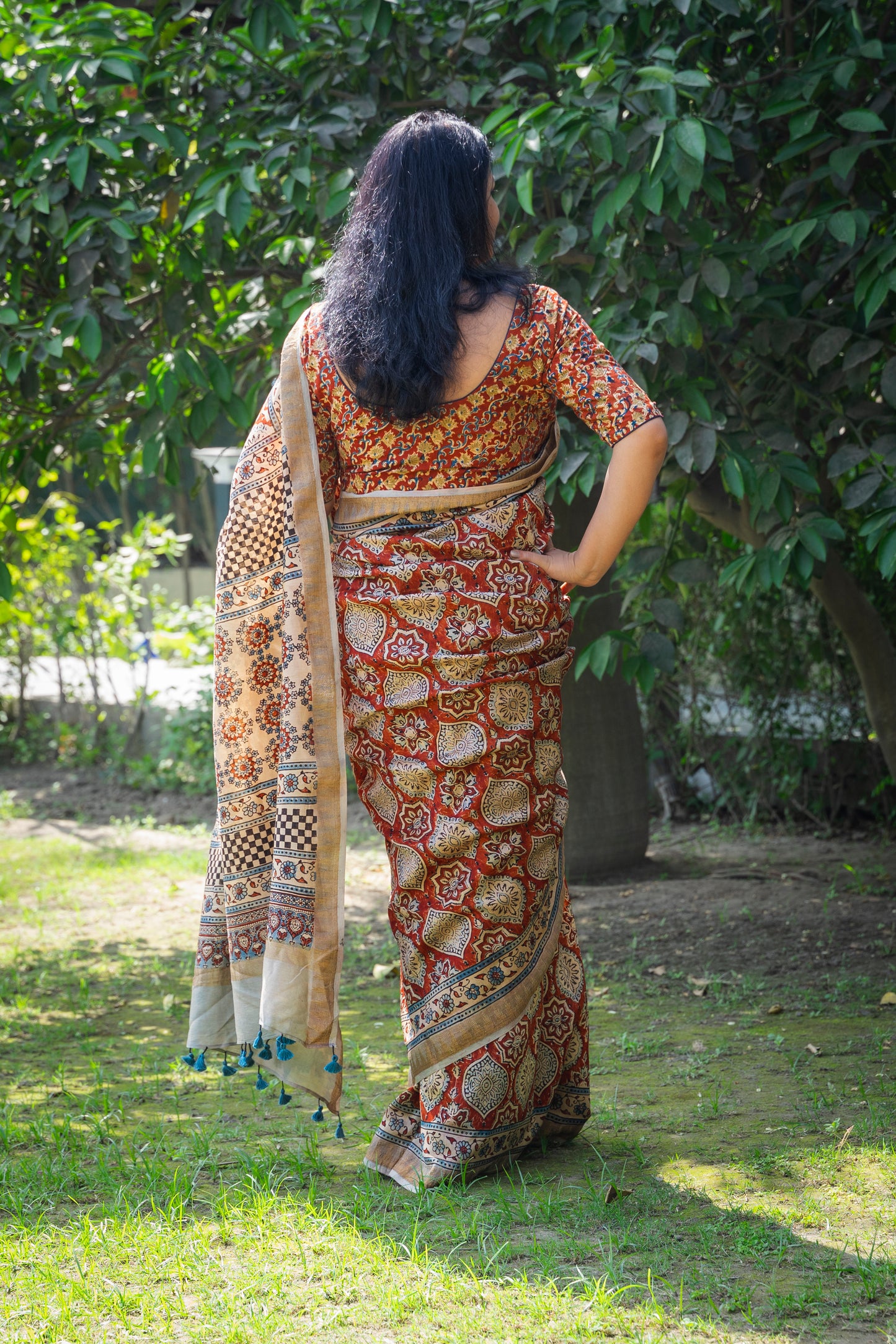 RED WHITE AJRAKH BLOCK PRINT SARI