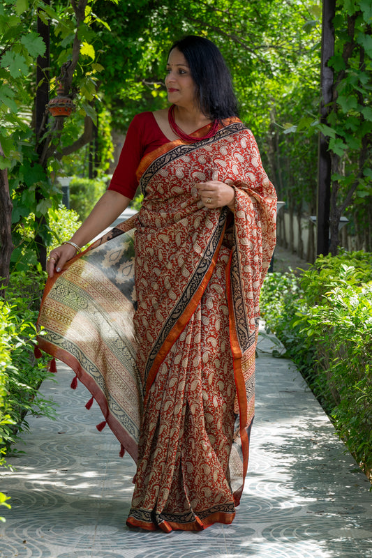 RED-WHITE PAISLEY BLOCK PRINT MAHESHWARI SILK COTTON SARI