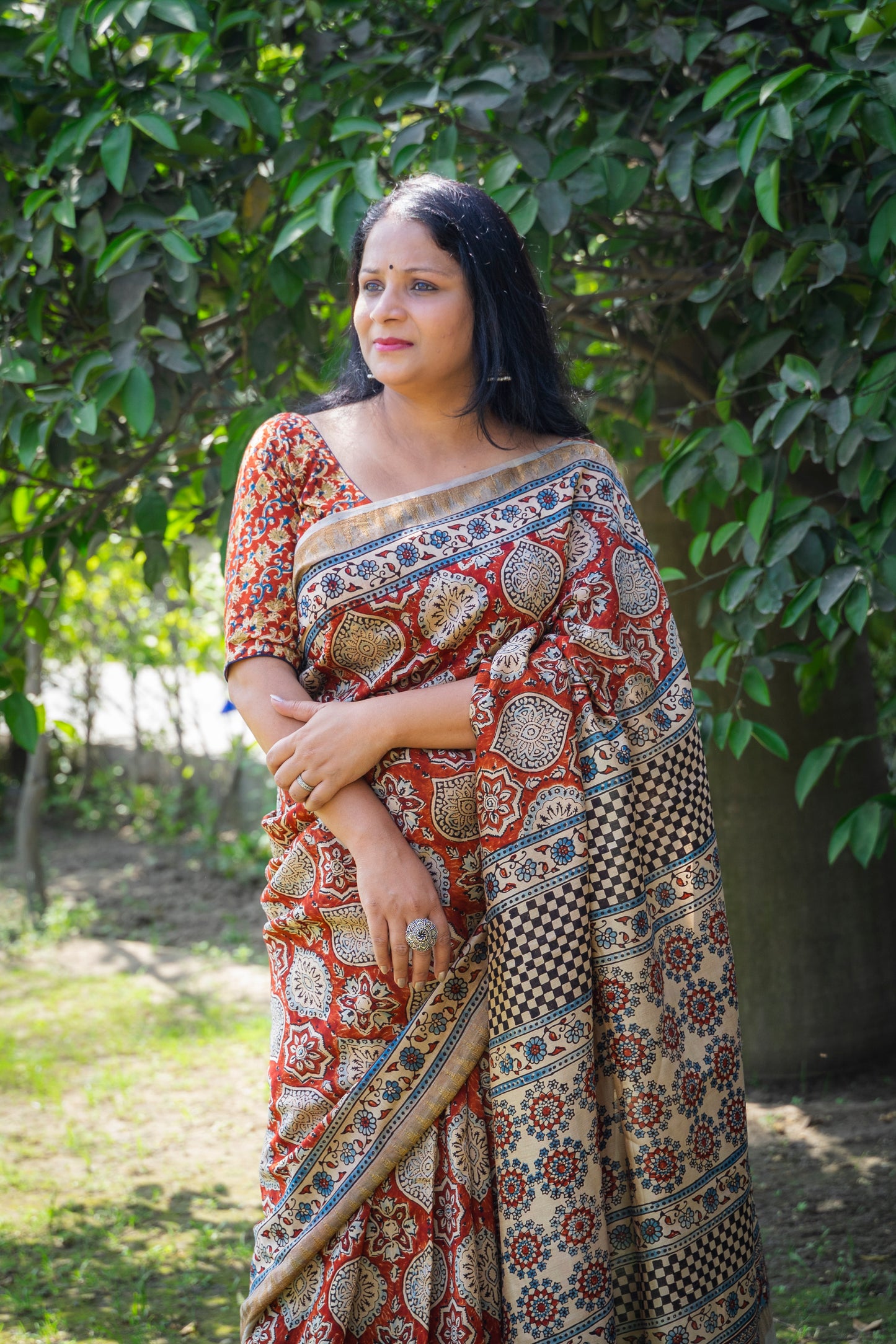 RED WHITE AJRAKH BLOCK PRINT SARI