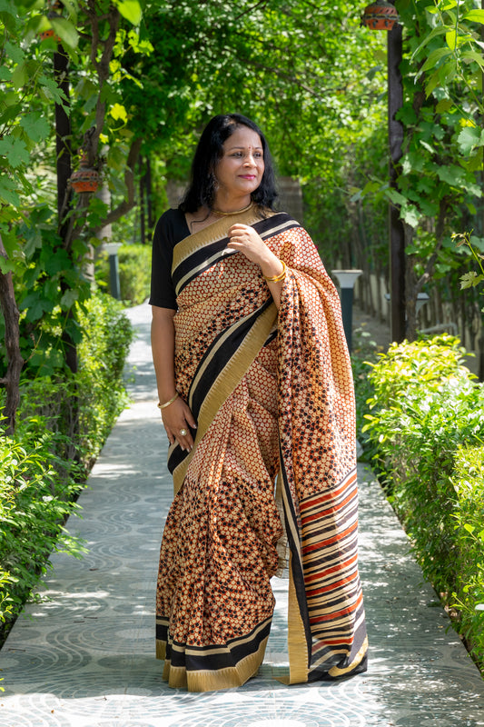 RED-BLACK FLOWER BLOCK PRINT CHANDERI SARI