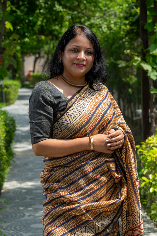 BLUE RED BLOCK PRINTED CHANDERI SARI