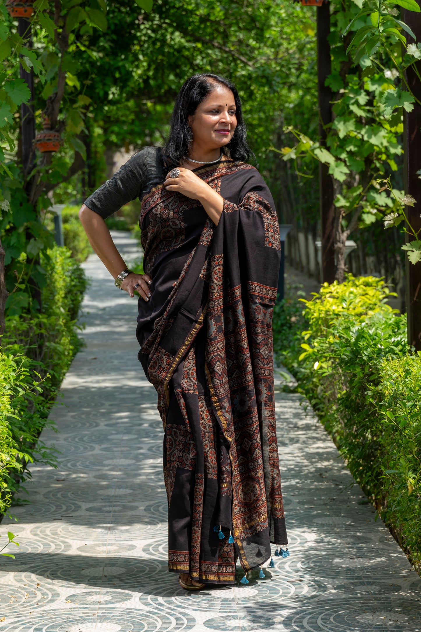 BLACK AJRAKH BLOCK PRINT SARI