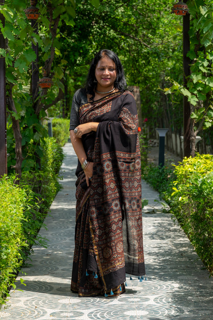 BLACK AJRAKH BLOCK PRINT SARI