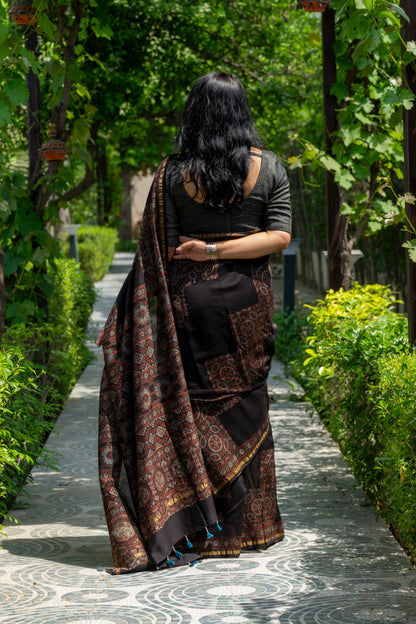 BLACK AJRAKH BLOCK PRINT SARI