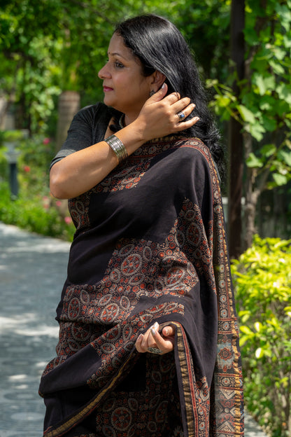 BLACK AJRAKH BLOCK PRINT SARI