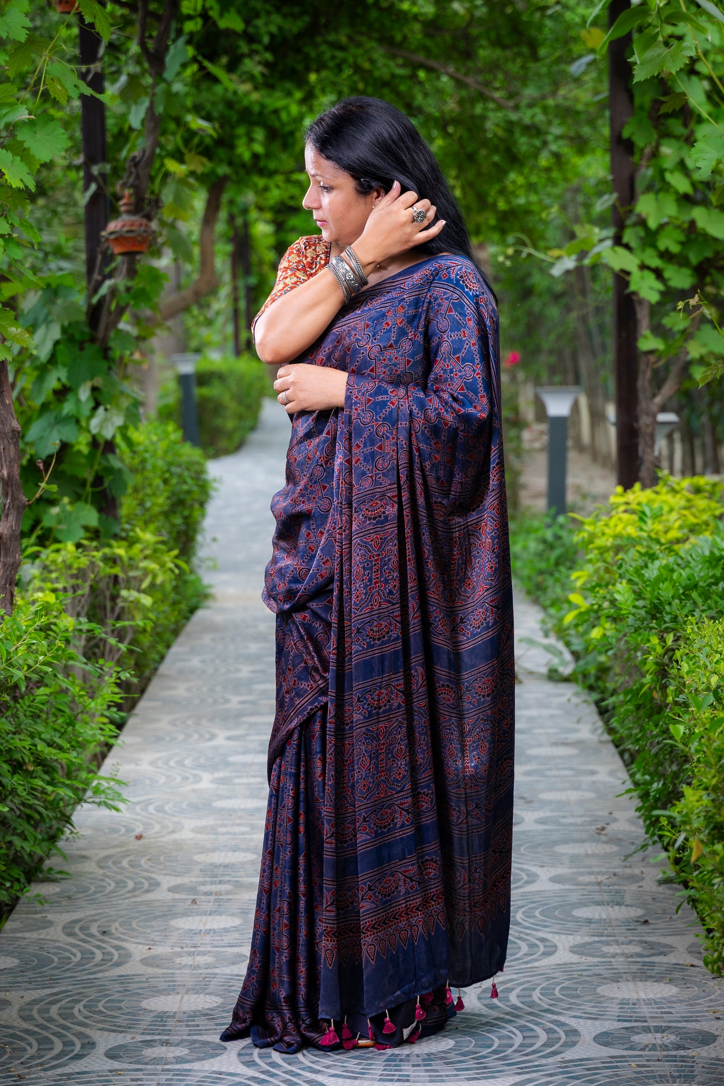 INDIGO AJRAKH BLOCK PRINT MODAL SILK SARI