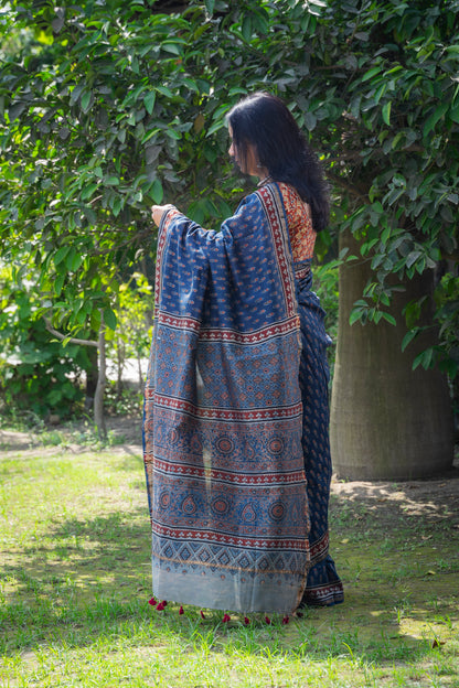 INDIGO RED FLOWER AJRAKH BLOCK PRINT SARI