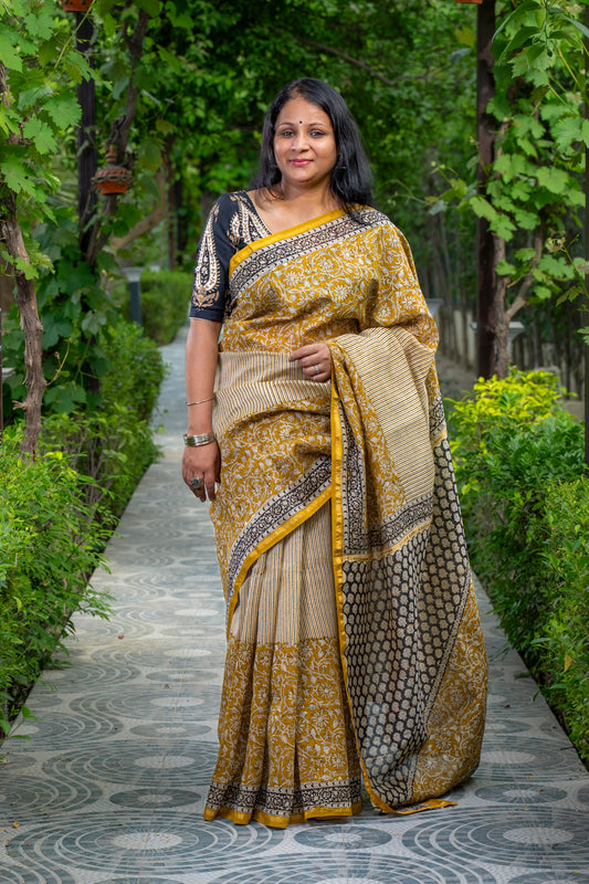 MUSTARD WHITE BLOCK PRINT CHANDERI SARI