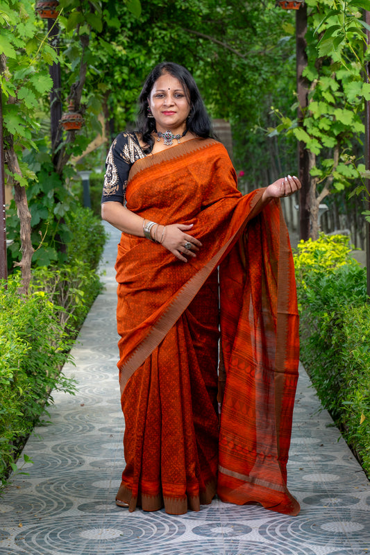 HOT ORANGE BLOCK PRINT CHANDERI SARI